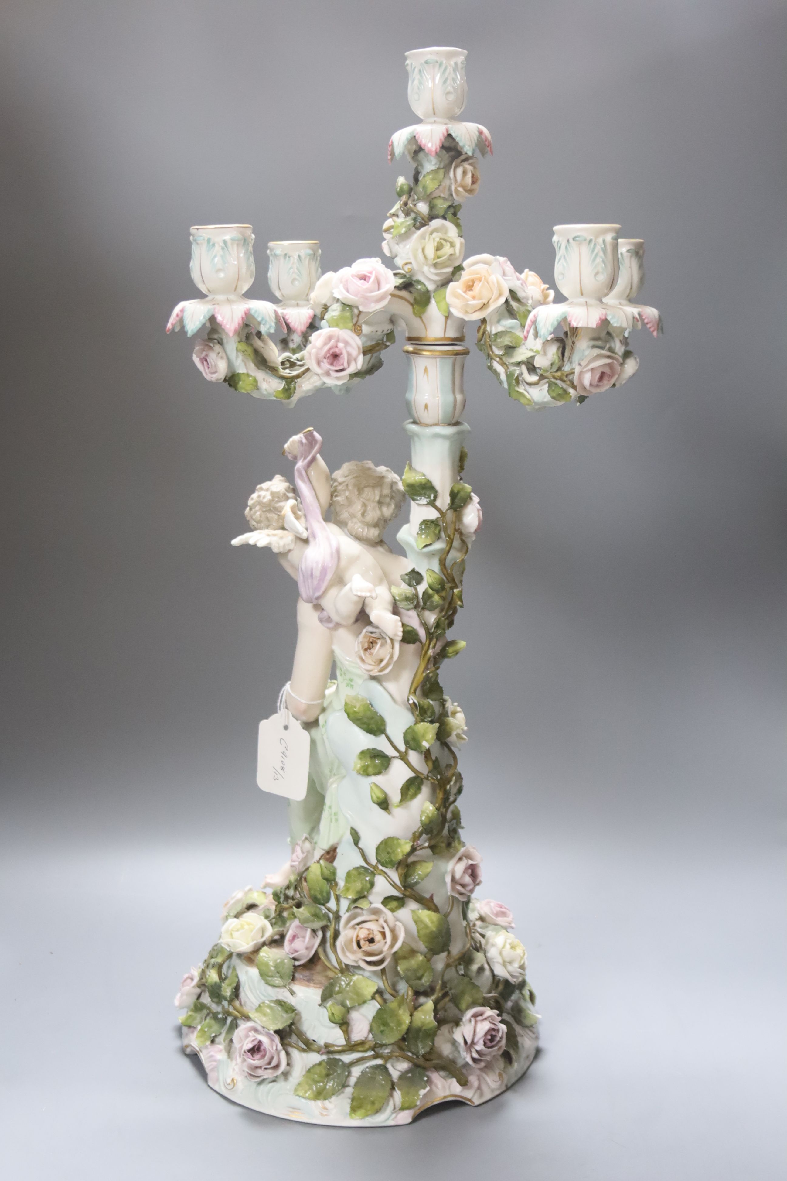 A large 19th century Sitzendorf porcelain figural candelabrum, height 62cm